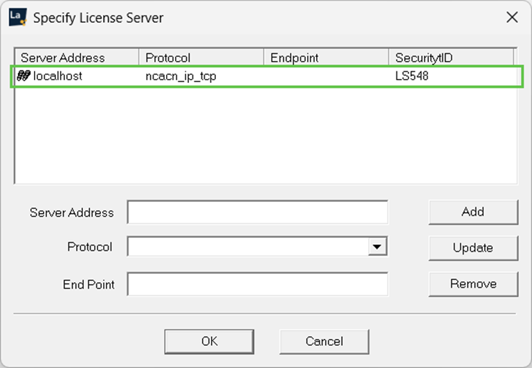 "Specify License Server" window in OLI Network License Administrator. The "localhost" server address row is highlighted in green.