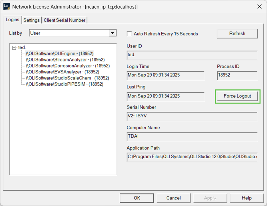 "Logins" tab in OLI Network License Administrator. The "Force Logout" button is circled in green.