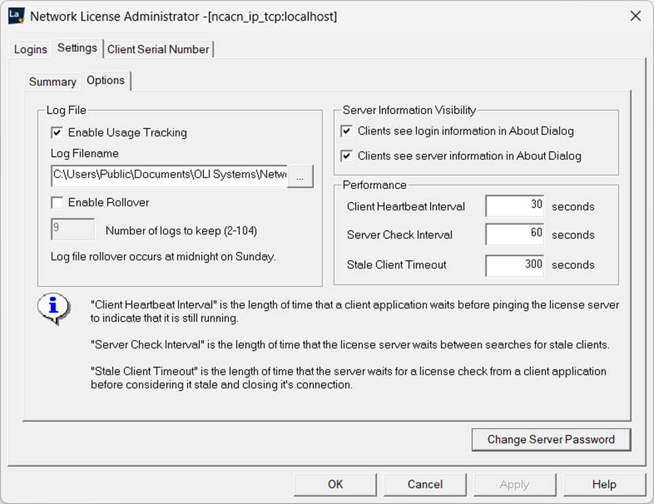 The "Options" subtab under the "Settings" tab in OLI Network License Administrator.