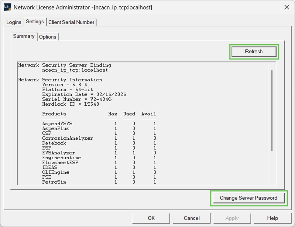 The "Summary" subtab under the "Settings" tab in OLI Network License Administrator. The "Refresh" and "Change Server Password" buttons are circled in green.